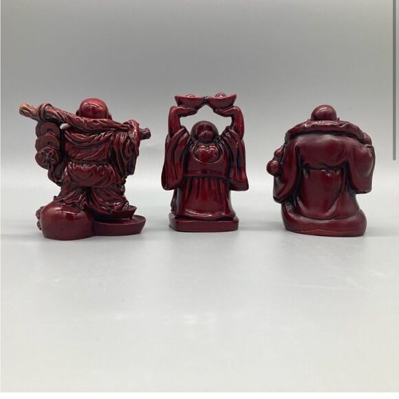 Vintage Red Resin Set 3 Laughing Buddha Collectible Figures Home Decor EUC - Picture 2 of 12